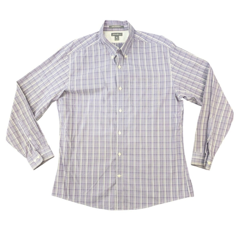 Eddie Bauer Mens Large Purple Plaid Cotton Wrinkle Free Relaxed Fit Button Down